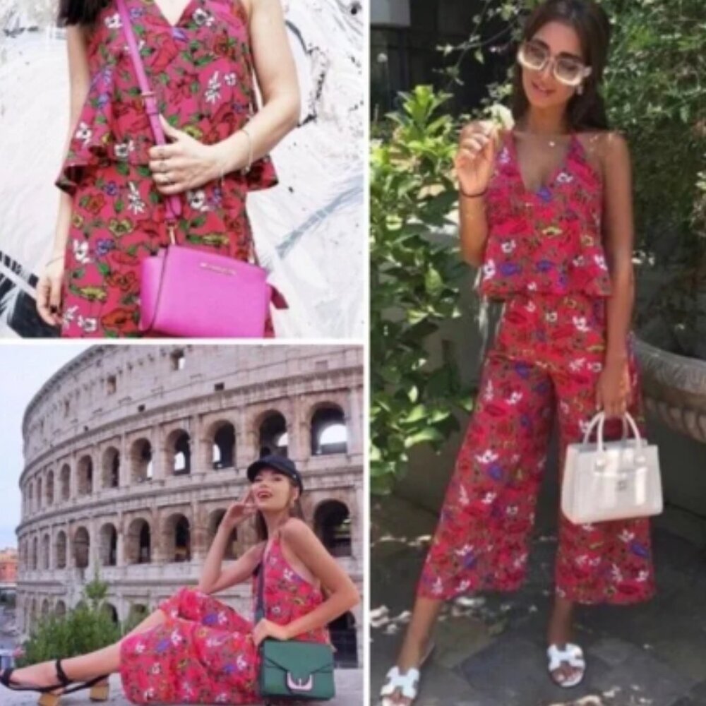 Zara  Red Floral Strappy Flounce Romper size M